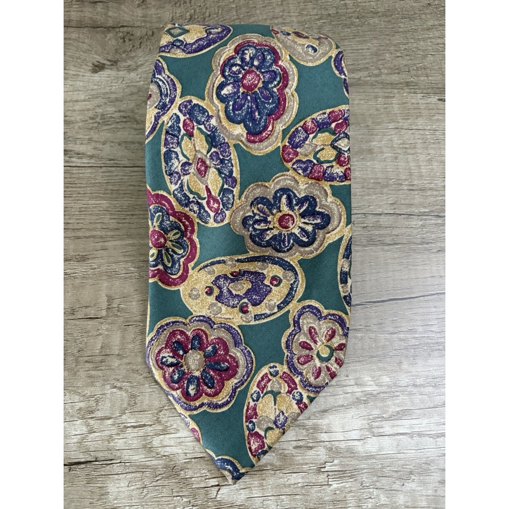Robert Talbott Studio Floral Tie Italy‎ Silk Vtg Carmel Valley Green Purple 60"